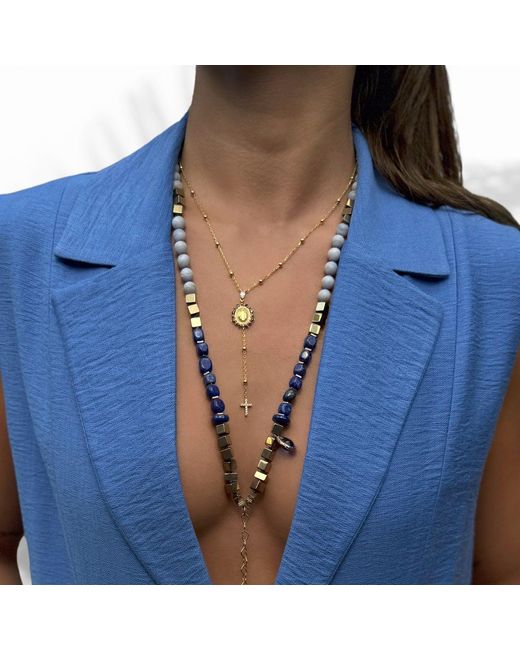 Ebru Jewelry Metallic Sapphire & Diamond Virgin Marry & Cross Pendant Chain Necklace
