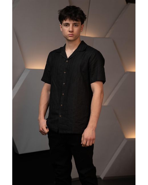 Stovaria Black Handwoven Hemp Camp Collar Shirt With Natural Dye for men