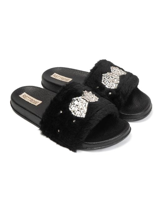 Rettrose Black Ava Noir Luxury Plush Diamanté Embellished Handmade Sliders