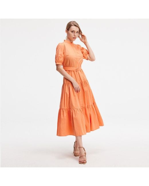 Smart and Joy Orange Cotton Shirt Dress With Added Belt