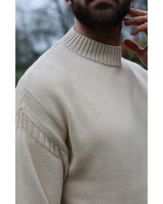Paul James Knitwear Natural Neutrals Midweight Cotton Linen Sark Mock Neck Gansey Jumper for men