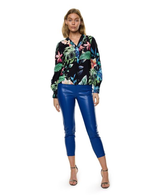 Carloslines Blue V-Neck Bar Tack Long Sleeve Blouse