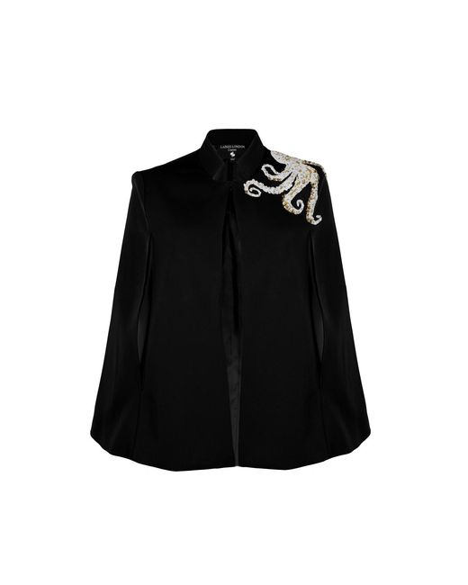House of Laines London Black Neutrals Laines Couture Tailored Cape With Embellished Octopus Shoulder Design