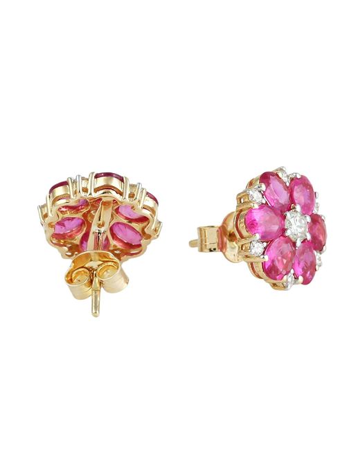 Artisan Pink Oval Cut Ruby & Diamond Flower Stud Earrings
