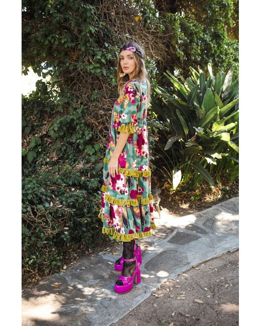 Jennafer Grace Blue Fuchsia Fae Velvet Ruffle Maxi Dress