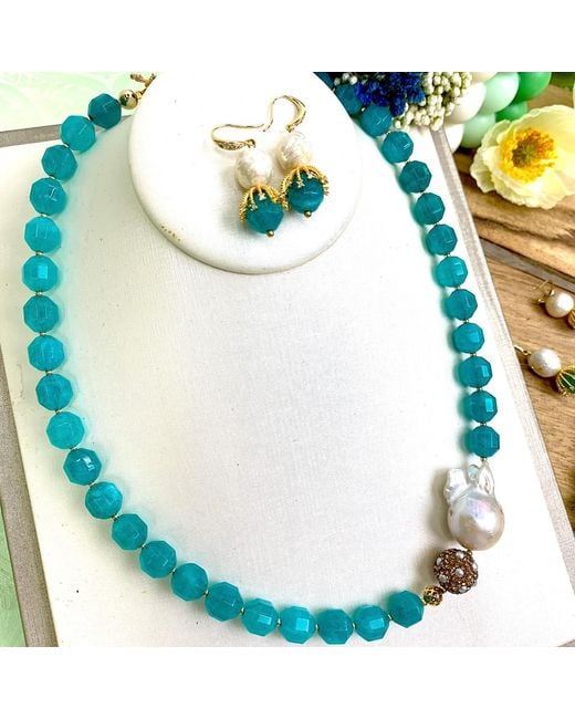 Farra Blue Baroque Pearl With Jade Simple Short Necklace