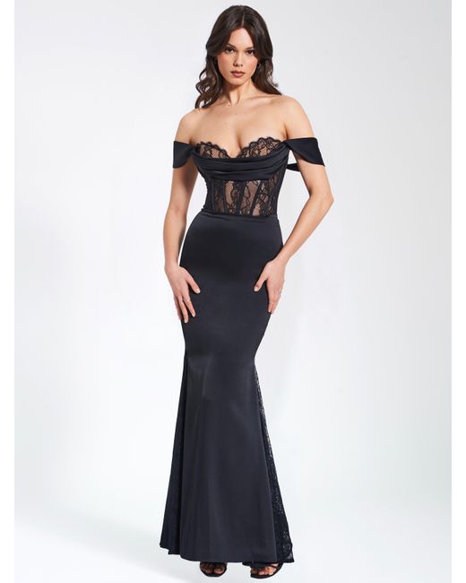 Miss Circle New York Black Callista Satin Lace Corset Maxi Dress