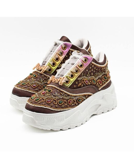 Rettrose Brown Isabella Luxury Mauve Satin Handmade Embellished Trainers