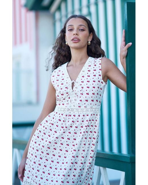 Yumi' White Cherry Print Lace Trim Cotton Midi Dress