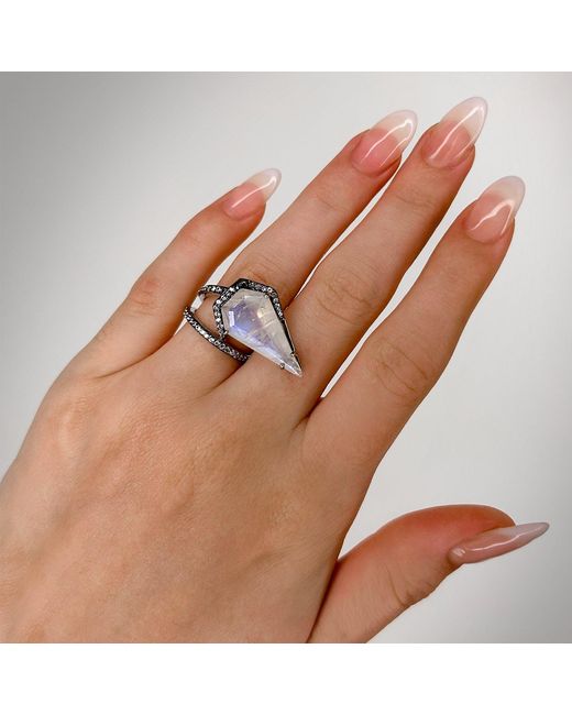SALLY SKOUFIS Metallic Blade Ring With Natural Diamond & Moonstone