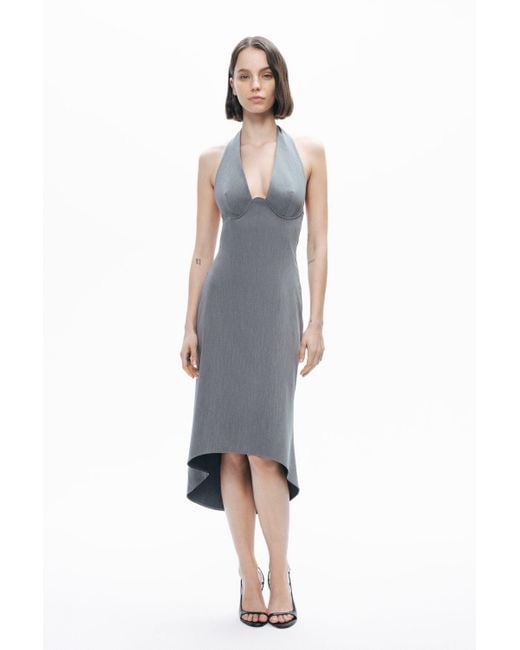 Nocturne Gray Anthracite Tie Neck Asymmetrical Midi Dress