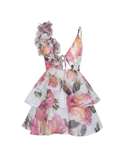 Modenaire Pink Floral Printed Mini Dress With Ruffle Layers And Tie Waist