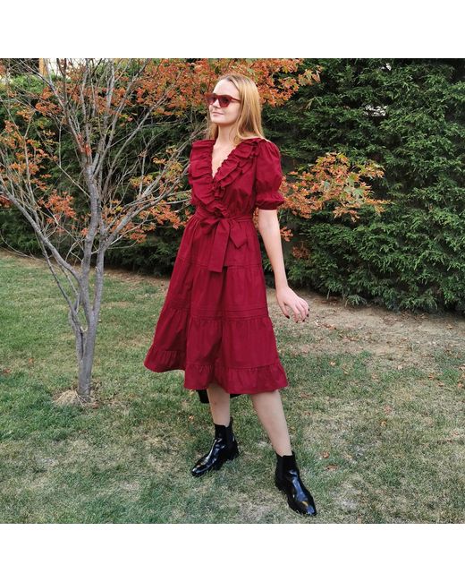 Lalipop Design Dark Cherry Red Double-breasted V-neck Cotton Dress With Ruffles
