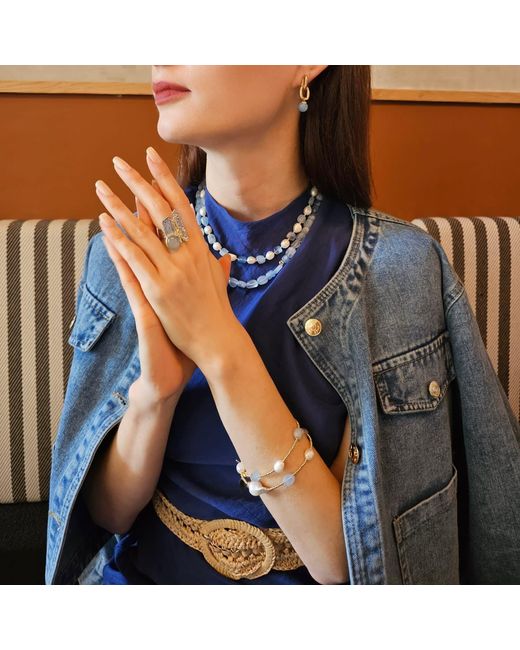 Farra Blue Irregular Aquamarine With Baroque Pearls Double Layers Bracelet