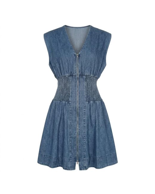 Modenaire Blue Denim Mini Dress Smocked Waist