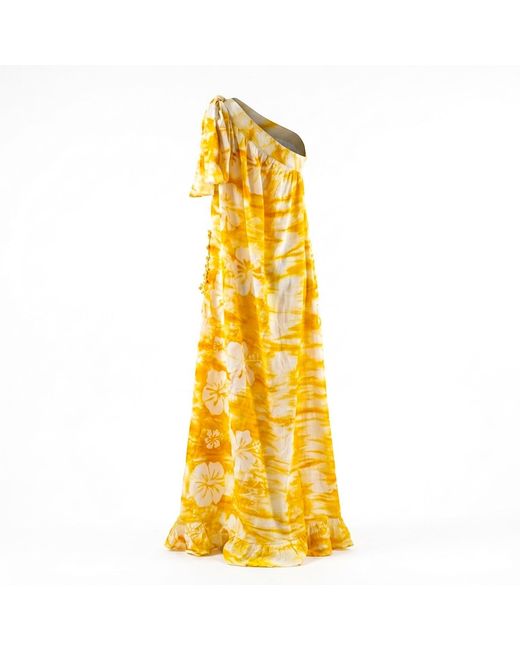 Nyny Ryke Yellow Wilma, One-Shoulder Batik Maxi Dress Floral Summer Dress