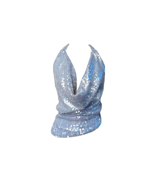 Jane Gala Blue Cowl Neck Silk & Sequin Halter Blouse