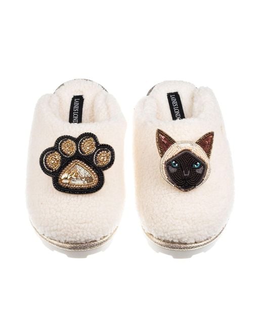 Laines London Metallic Neutrals Teddy Closed Toe Slippers With Paw & Siamese Cat Brooches