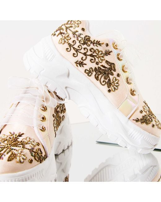 Rettrose Natural Neutrals Diana Luxury Buttermilk Satin Handmade Embellished Trainer