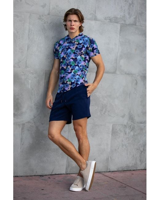 Lords of Harlech Blue Maze Snap Floral V-Neck Tee for men