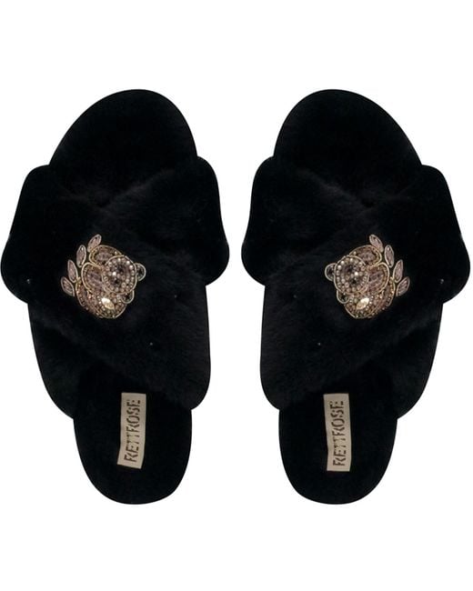 Rettrose Black Ember Luxury Plush Diamanté Embellished Handmade Slipper