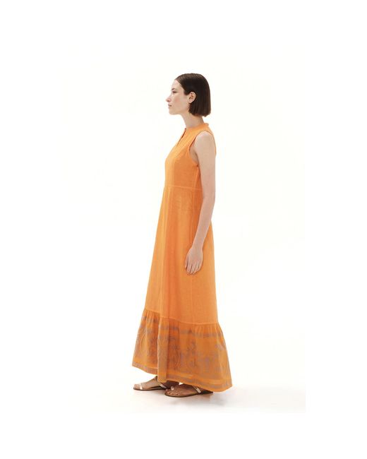 Haris Cotton Brown Cami Halter Neck Linen Dress With Embroidered Hem Lotus Bronze