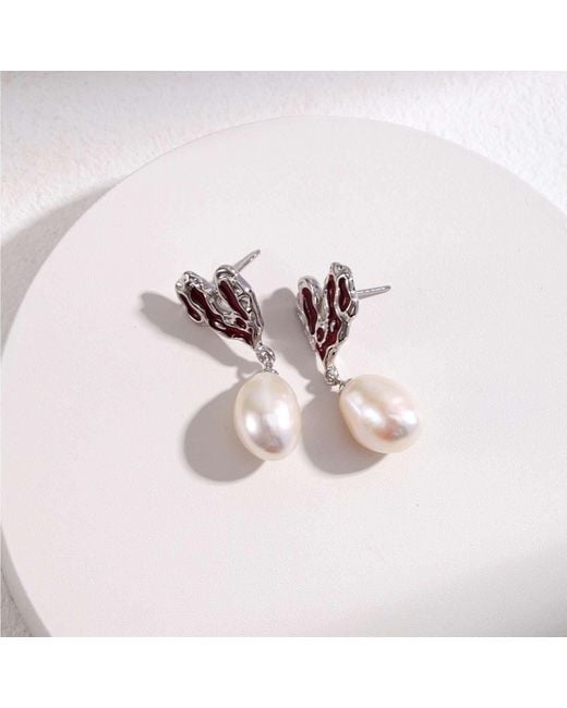 Angel Barocco Red Heart Drip Glaze Large Pearl Earrings
