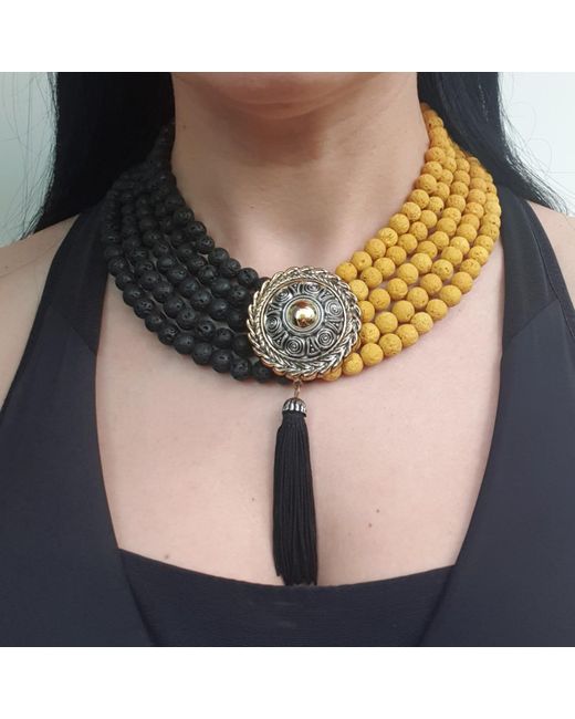 Way to Chic Multicolor Lava Statement Necklace With Antique Light Brooch As Central Pendant