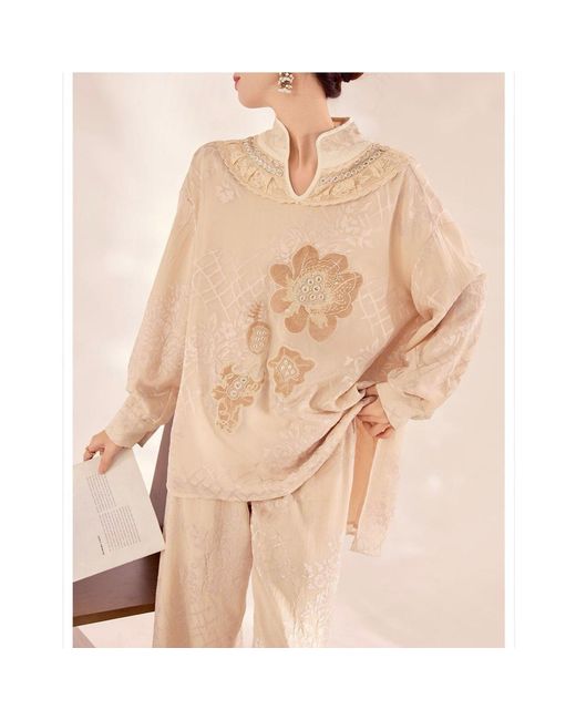 Wjy Studio London Natural Neutrals Embroidered Detail Floral Tunic