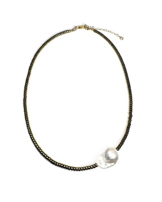 Rachel Nathan Metallic Neutrals Mini Beaded: Pyrite & Baroque Pearl Necklace
