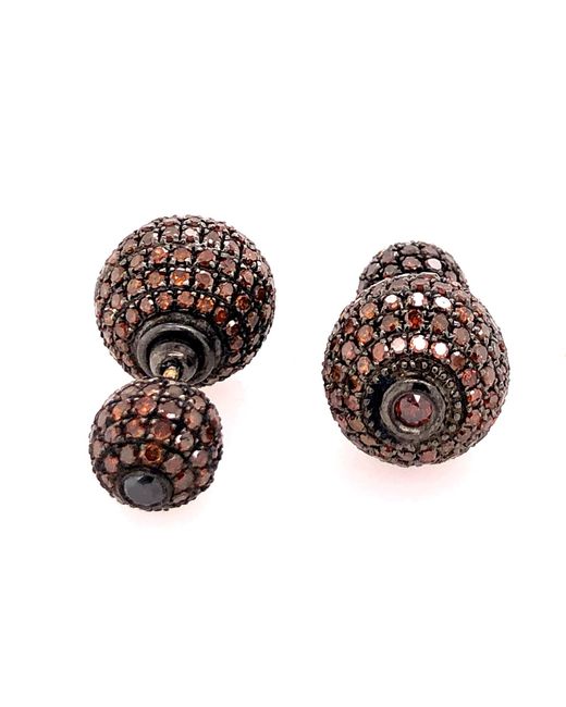 Artisan Natural 18k Solid Gold & Silver With Brown Diamond Pave Ball Double Side Earrings