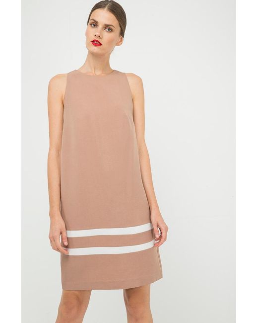Conquista Brown Solid Colour Sleeveless Dress With Stripe Detail