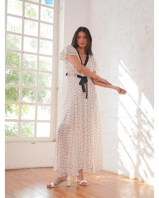 Rose & Nancy Gray Chloe Polka Dot Print Lace Detail Tie Waist Maxi Dress