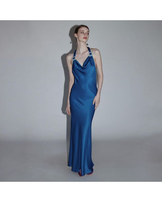 Belsize25 Blue Mayfair Series – Crystal Buckle Halterneck Backless Dress