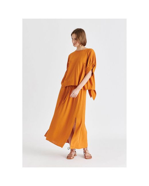 Paisie Orange Side Splits Midi Skirt With Drawstring