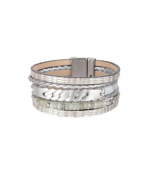 Saachi Metallic Natural Stones And Chain Leather Bracelet