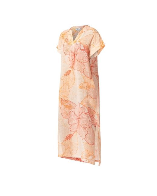 Haris Cotton Pink Printed Linen Gauze Kaftan With Side Slits- Hibiscus