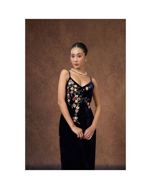 Silk and Bears Blue Hand-Embroidered Midnight Silk Velvet Evening Dress