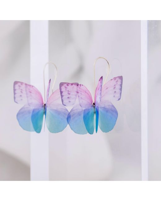 Oana Savu Blue Silk Butterflies Earrings Sterling Wire Dangle Drop Jewelry
