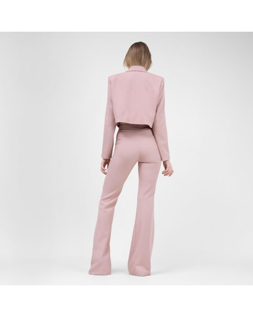 BLUZAT Pastel Pink Suit With Cropped Blazer And Flared Trousers