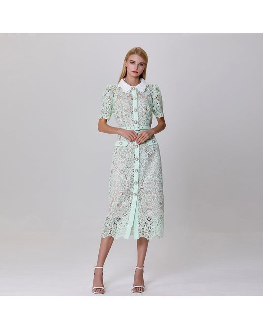Smart and Joy White Neutrals Sheer Full Lace Button Line Dress