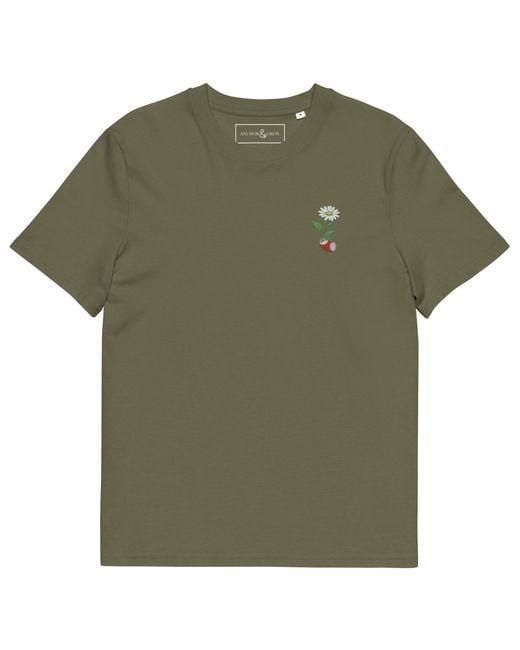 Anchor and Crew Green Khaki Daisy Garden Dystopia Organic Cotton Embroidered T-Shirt for men