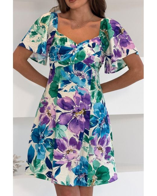 Girl In Mind Blue Nicola Sweetheart Neckline Mini Skater Dress Multi Floral