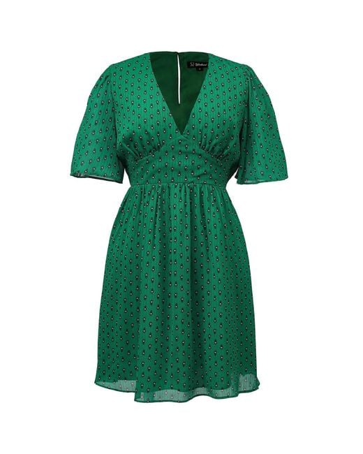 Smart and Joy Green Fit-And-Flare Triangle Waistband Printed Dress