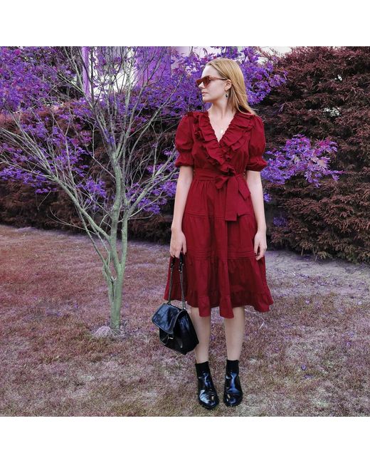 Lalipop Design Dark Cherry Red Double-breasted V-neck Cotton Dress With Ruffles