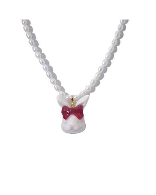 H2 Studio White Grumpy Bunny Ruby Bow Tie Freshwater Pearl Necklace