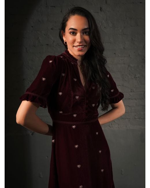 Rose & Nancy Purple Sara Burgundy Heart Embroidered Velvet Dress
