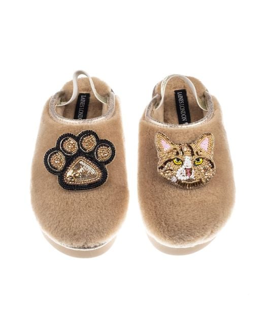 Laines London Metallic Neutrals Flatform Cloud Slippers With Ginger Tabby Cat & Paw Brooches