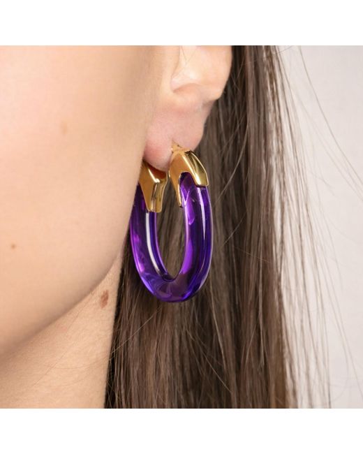 Gold & Honey Purple Amethyst Carved Oval Lucite Birthstone Hoop Earrings