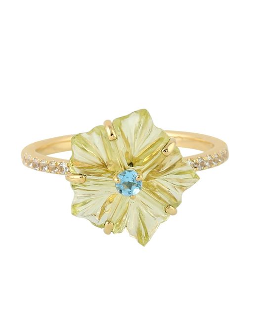Artisan 18k Yellow Gold Carving Flower Ring Lemon Quartz Gemstone Handmade Jewelry